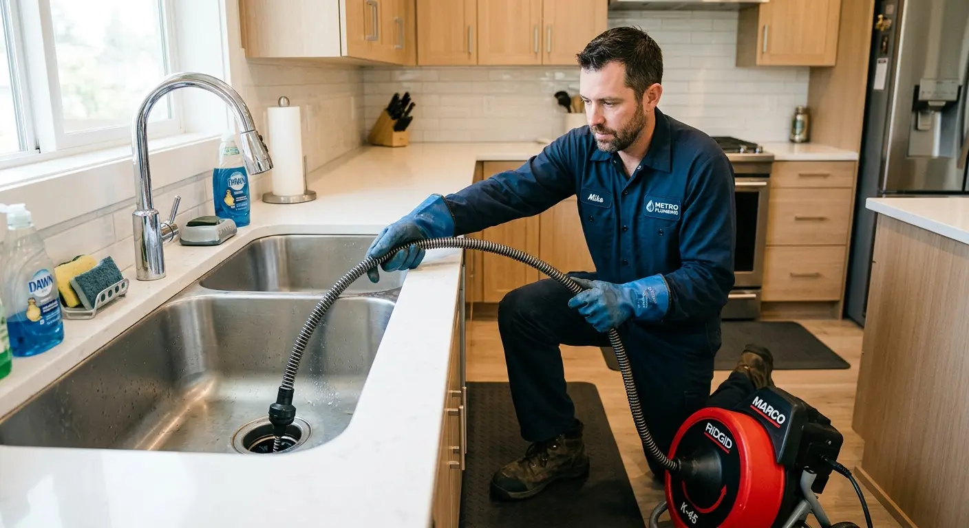 Drain cleaning technician using a motorized snake on a kitchen sink in Oyster Bay
