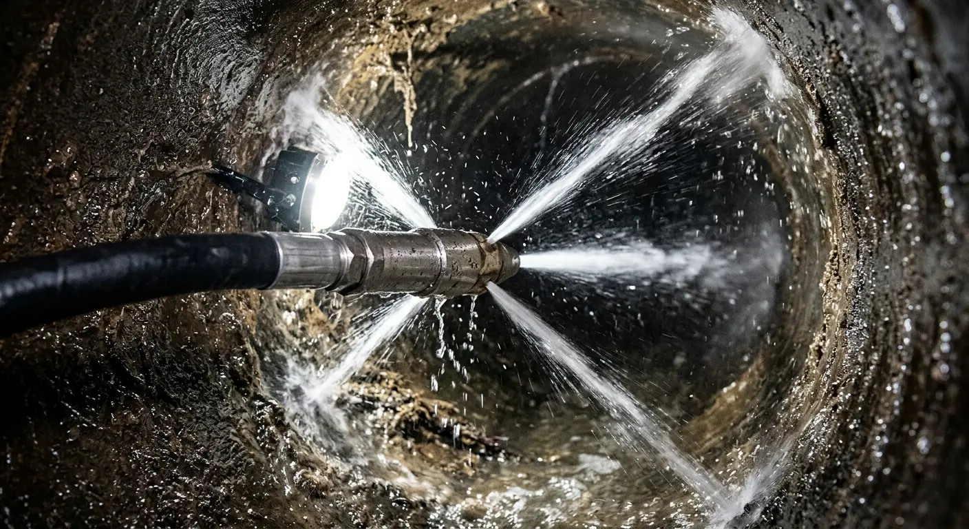 High-pressure hydro jetting nozzle cleaning sewer pipe for Storm Drain Cleaning in Oyster Bay