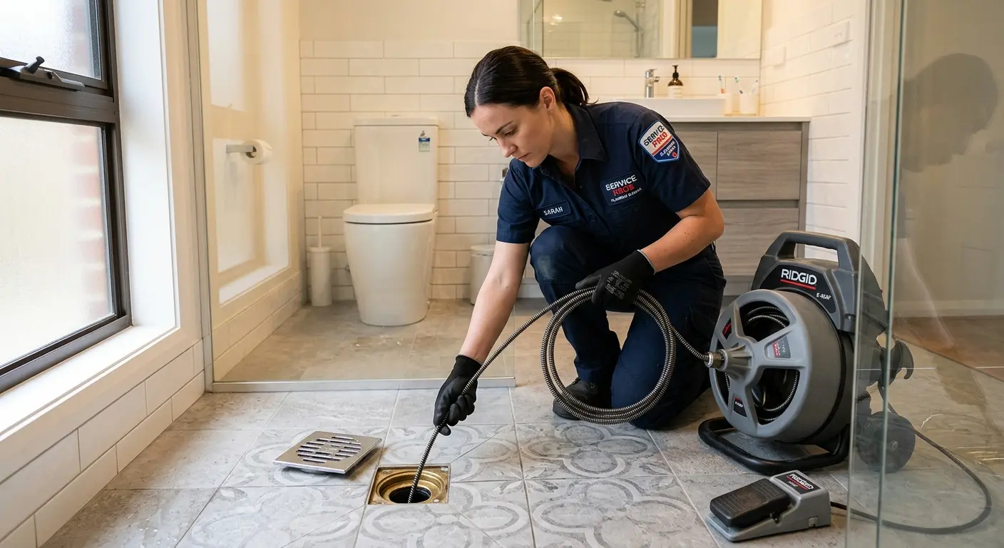 Technician clearing a bathroom floor drain for Drain Cleaning in Oyster Bay